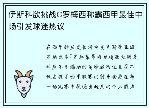 伊斯科欲挑战C罗梅西称霸西甲最佳中场引发球迷热议